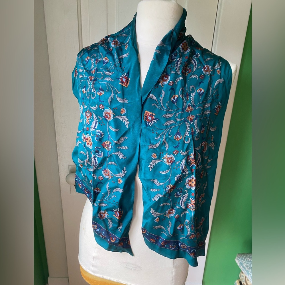 Vintage Ginnie Johansen silk green floral scarf